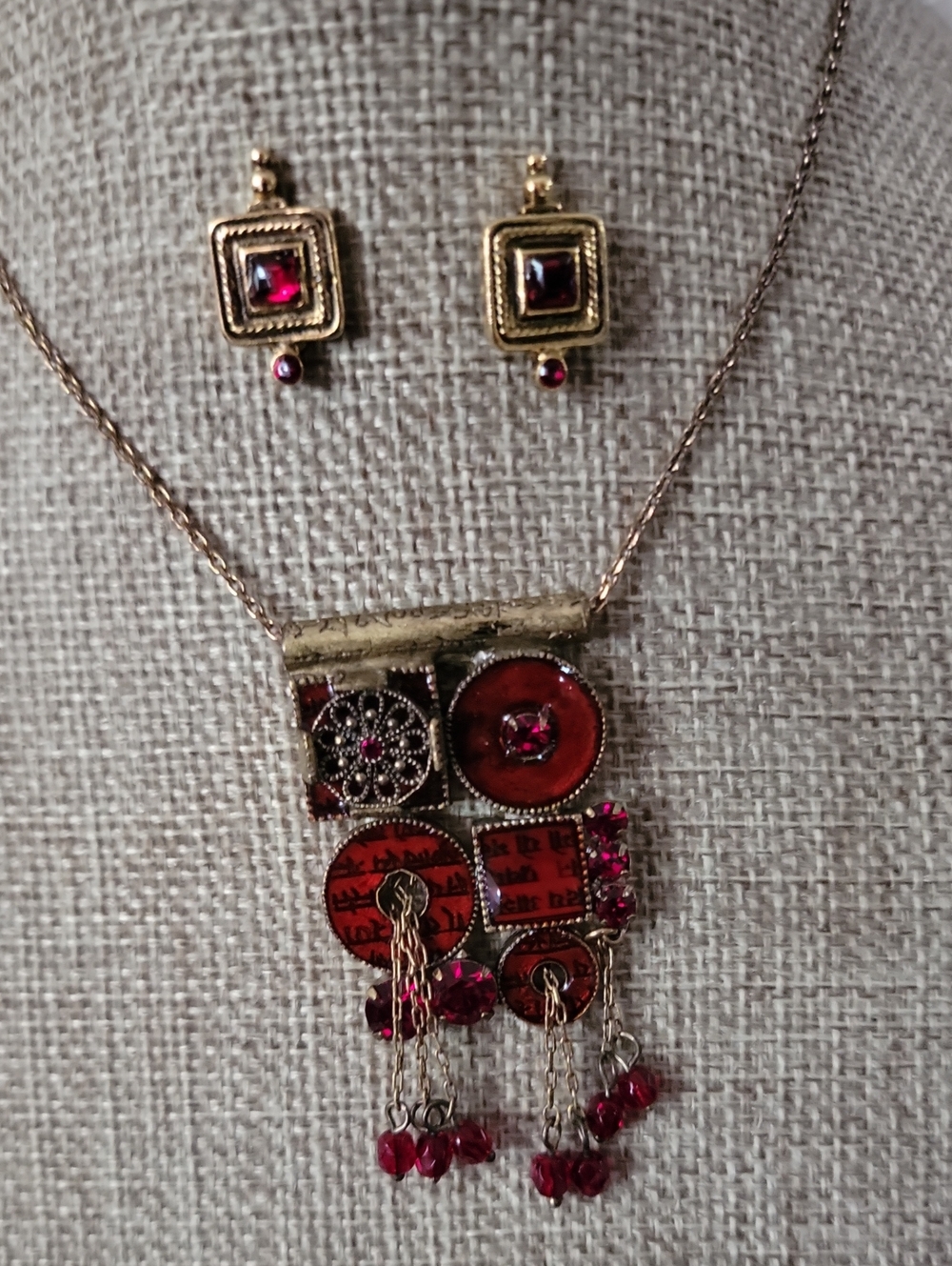 Pilgrim Danish Bronze Tone Red Statement Necklace with Matching Earrings